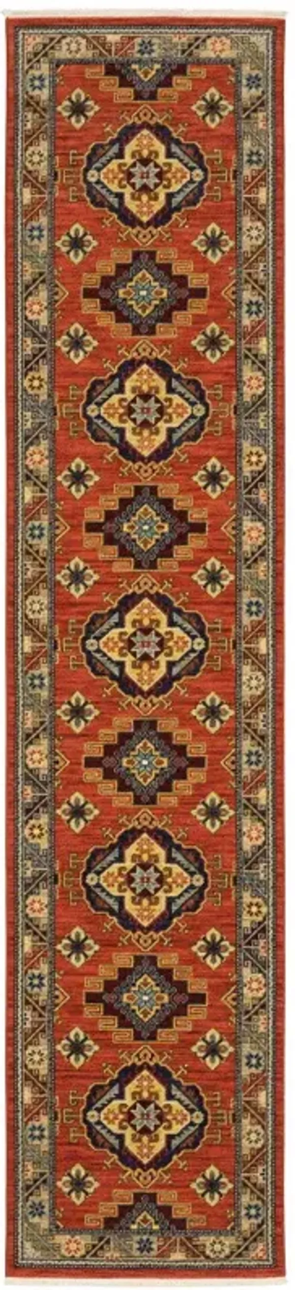 12' Gold Blue Brown Oriental Power Loom Runner Rug With Fringe - Red