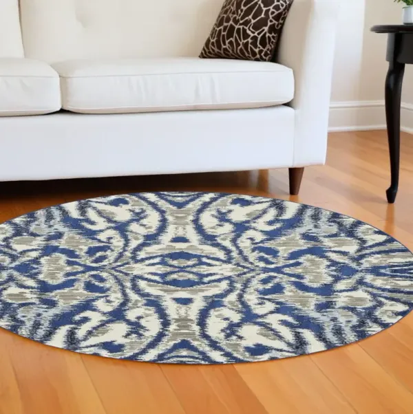 9' Round Ikat Distressed Area Rug - Blue And Ivory