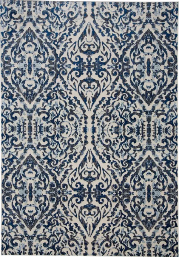 10' x 14' Floral Distressed Stain Resistant Area Rug - Blue Ivory And Black