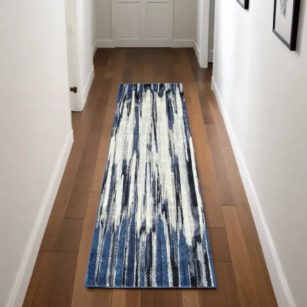 8' Abstract Power Loom Distressed Runner Rug - Ivory Blue And Gray