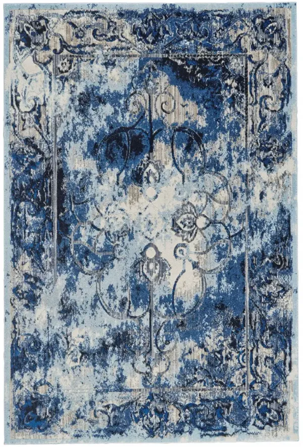 2' x 4' Floral Distressed Stain Resistant Area Rug - Blue Ivory And Gray