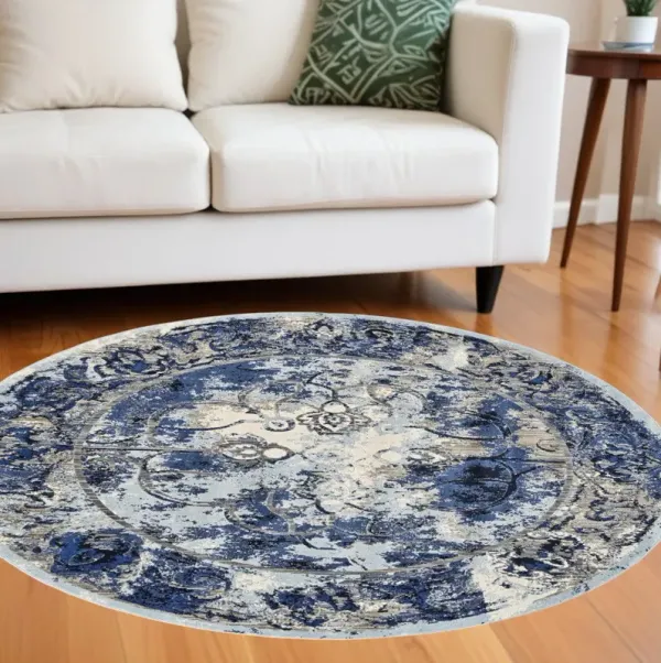 9' Round Floral Distressed Stain Resistant Area Rug - Blue Ivory And Gray