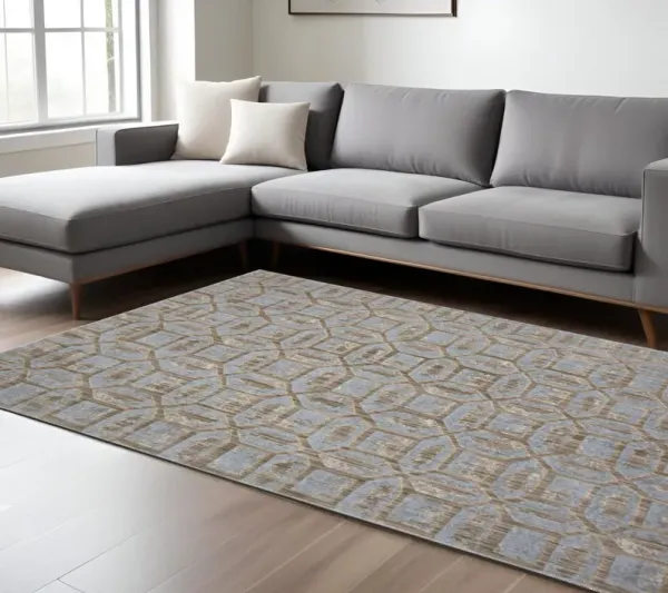 8' x 11' Floral Distressed Stain Resistant Area Rug - Blue Taupe And Ivory