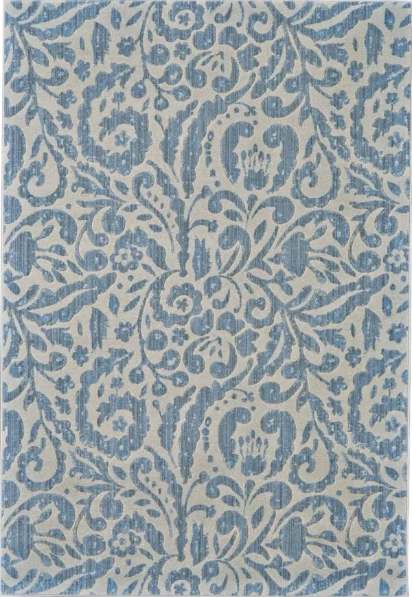 5' x 8' Floral Distressed Stain Resistant Area Rug - Blue Ivory And Tan