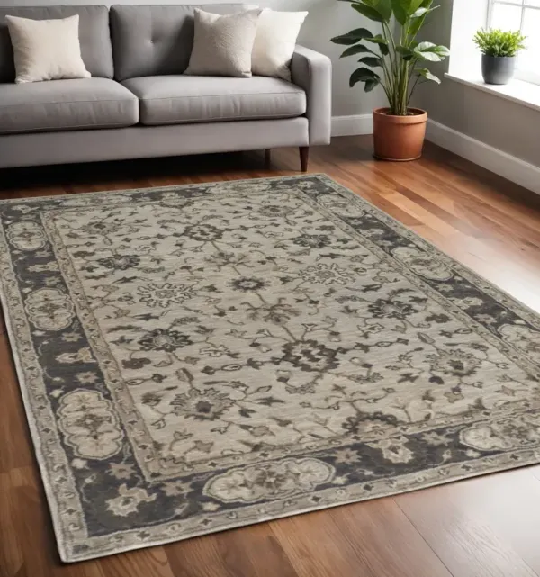 5' x 8' Wool Floral Tufted Handmade Stain Resistant Area Rug - Gray Ivory And Taupe