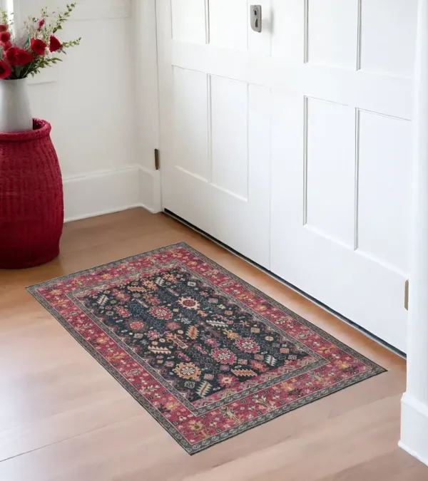 2' x 3' Wool Floral Hand Knotted Distressed Stain Resistant Area Rug With Fringe - Pink Blue And Orange