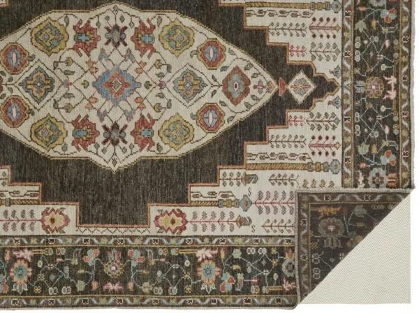 5' x 8' Wool Floral Hand Knotted Distressed Stain Resistant Area Rug With Fringe - Brown Yellow And Green