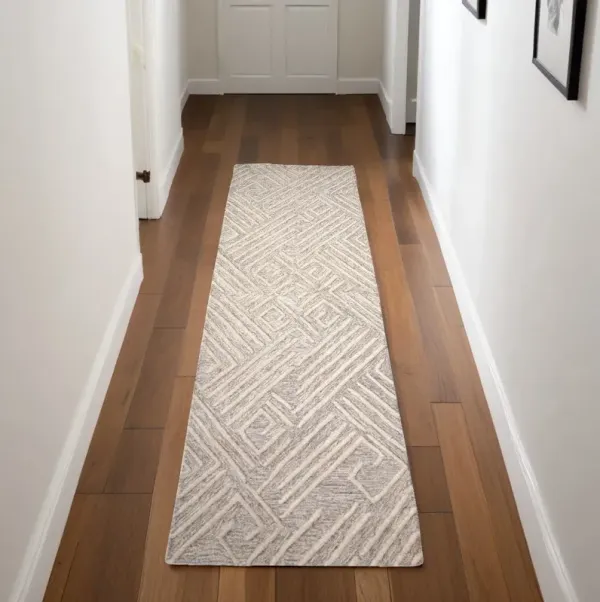 8' Geometric Hand Tufted Runner Rug - Ivory And Tan