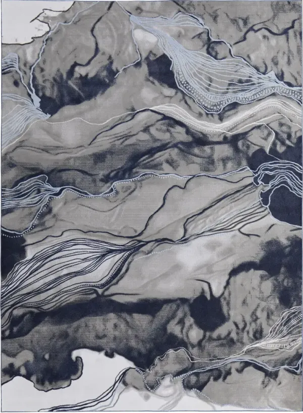 10' x 14' Abstract Power Loom Stain Resistant Area Rug - Blue Gray And Ivory