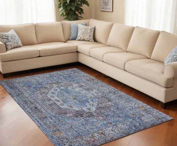 6.6' x 9.5' Floral Area Rug - Blue And Gray