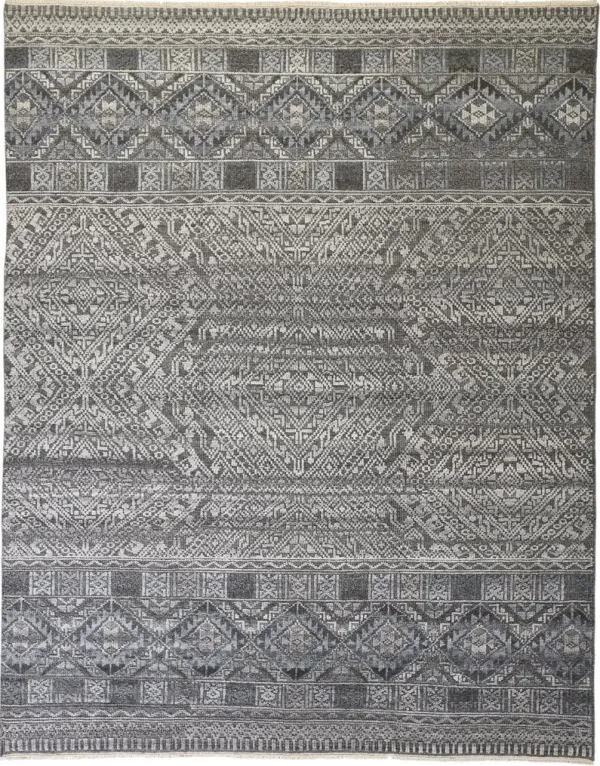 8' x 10' Geometric Hand Knotted Area Rug - Gray Ivory And Blue