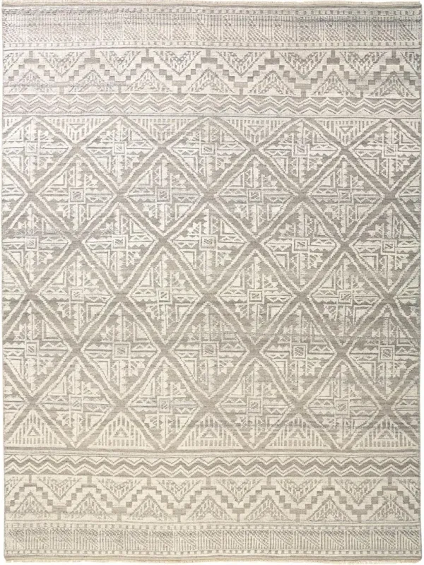 5' x 8' Geometric Hand Knotted Area Rug - Ivory Tan And Gray