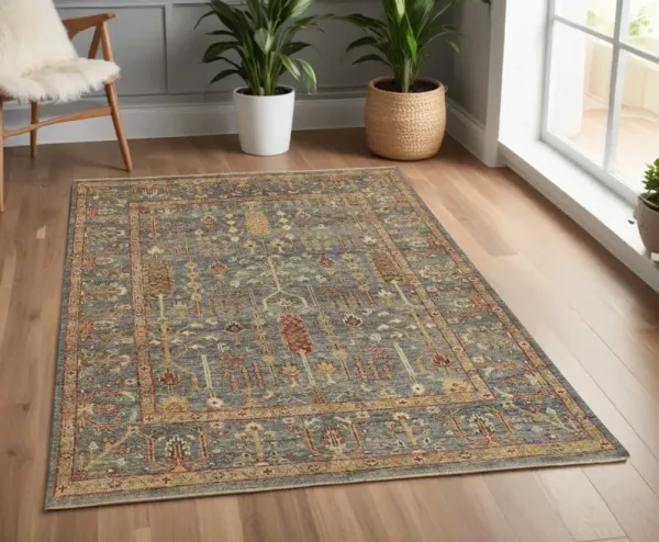 3.5' x 5.5' Wool Floral Hand Knotted Stain Resistant Area Rug With Fringe - Gray Gold And Red