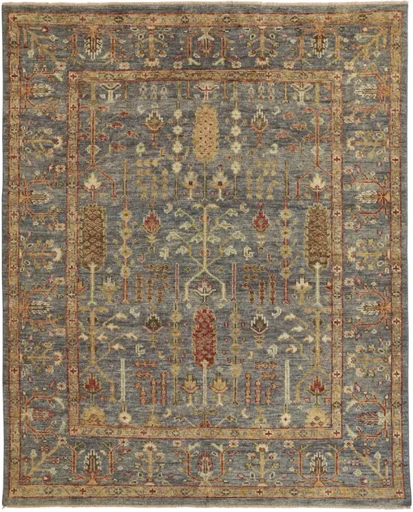 7.8' x 9.8' Wool Floral Hand Knotted Stain Resistant Area Rug With Fringe - Gray Gold And Red