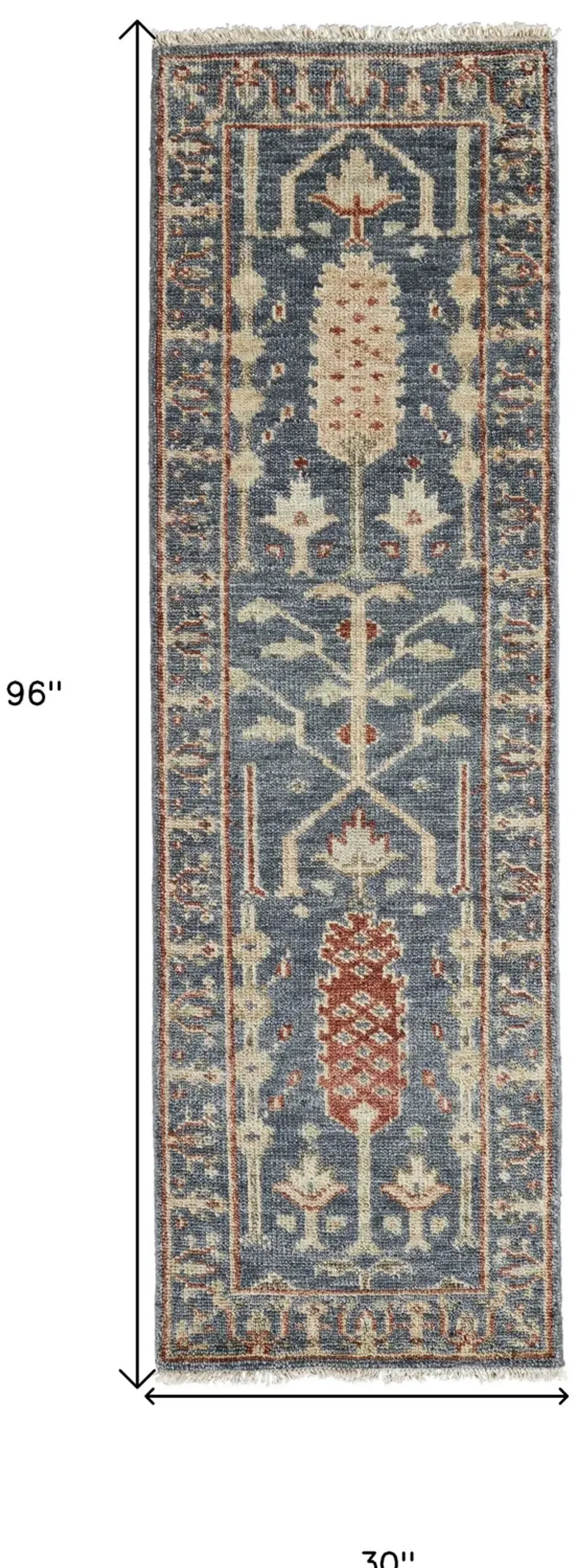 8' Wool Floral Hand Knotted Stain Resistant Runner Rug With Fringe - Gray Gold And Red