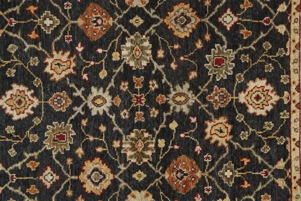 9' x 12' Wool Floral Hand Knotted Stain Resistant Area Rug With Fringe - Black Gold And Gray