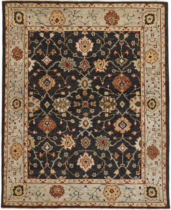 10' x 13' Wool Floral Hand Knotted Stain Resistant Area Rug With Fringe - Black Gold And Gray