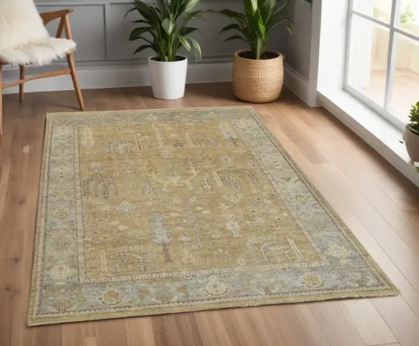 4' x 6' Wool Floral Hand Knotted Stain Resistant Area Rug With Fringe - Gold Blue And Gray