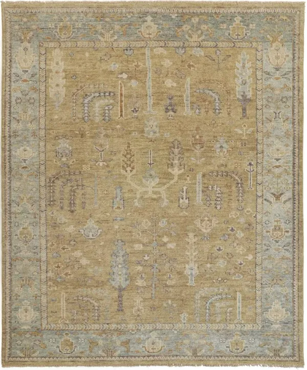 8' x 10' Wool Floral Hand Knotted Stain Resistant Area Rug With Fringe - Gold Blue And Gray