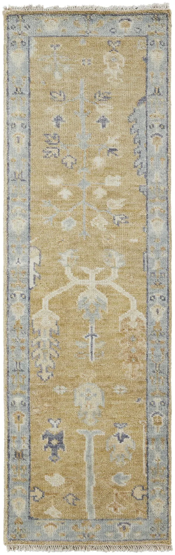 8' Wool Floral Hand Knotted Stain Resistant Runner Rug With Fringe - Gold Blue And Gray