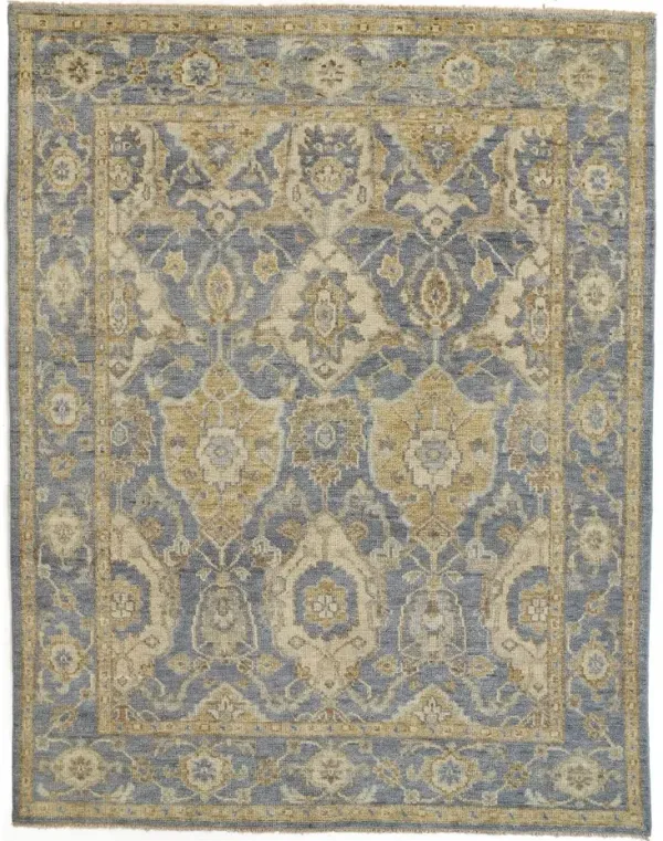 4' x 6' Wool Floral Hand Knotted Stain Resistant Area Rug With Fringe - Blue Gold And Tan