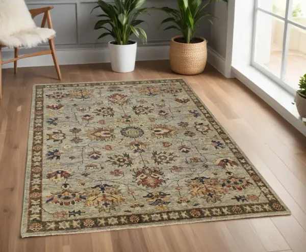 4' x 6' Wool Floral Hand Knotted Stain Resistant Area Rug With Fringe - Gray Gold And Red