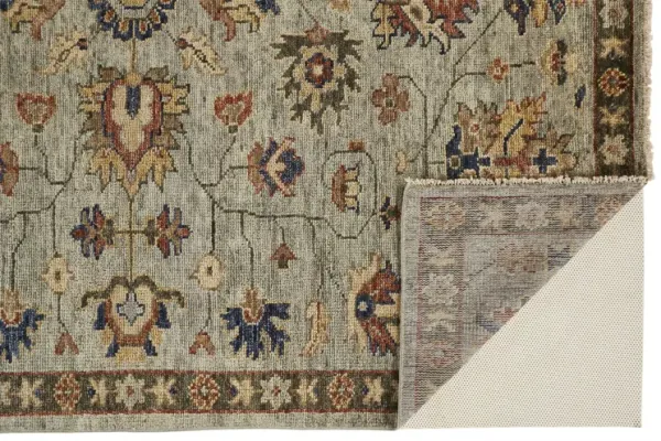 5.5' x 8.5' Wool Floral Hand Knotted Stain Resistant Area Rug With Fringe - Gray Gold And Red