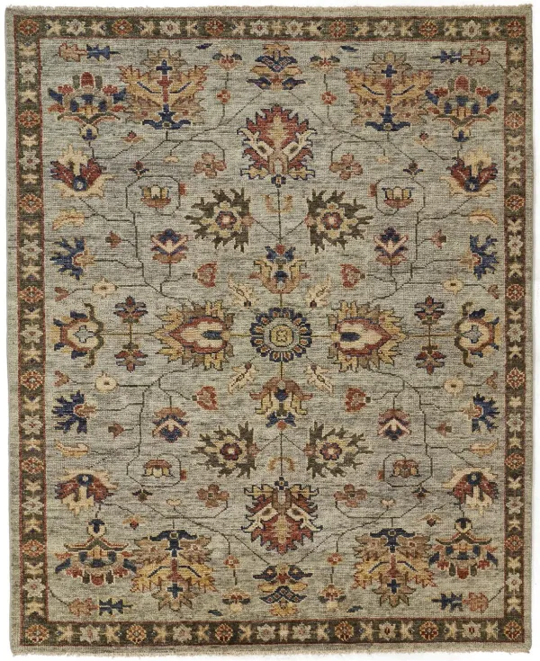 8.5' x 11.5' Wool Floral Hand Knotted Stain Resistant Area Rug With Fringe - Gray Gold And Red