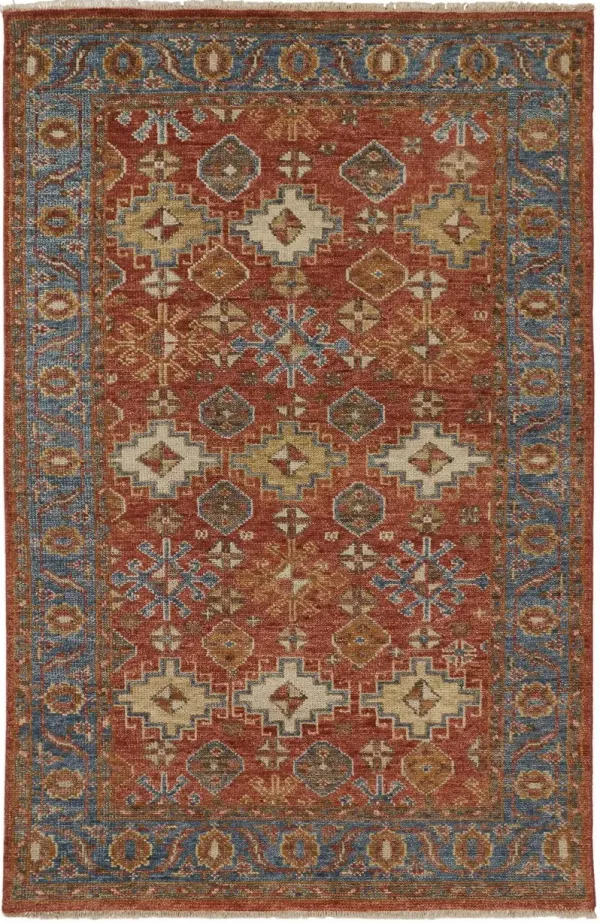 8' x 10' Wool Floral Hand Knotted Stain Resistant Area Rug With Fringe - Red Blue And Orange