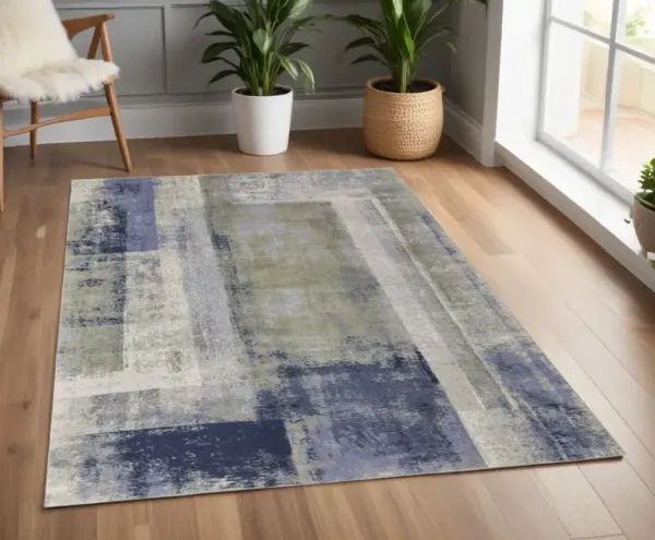 4' x 6' Abstract Power Loom Distressed Area Rug - Blue Green And Ivory