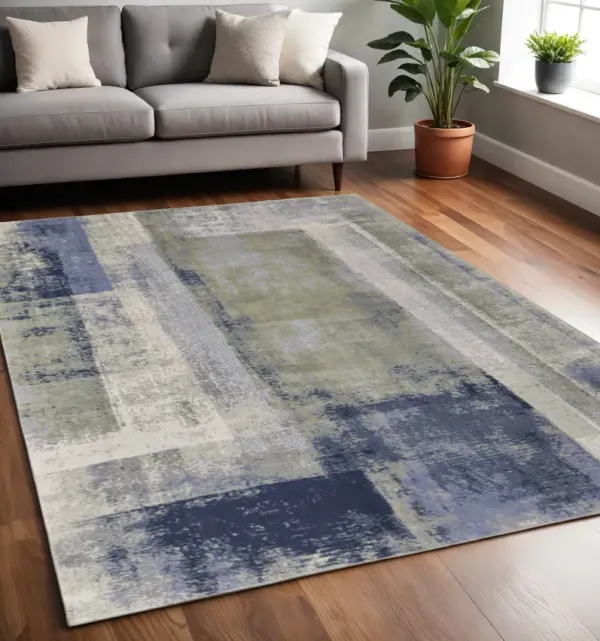 5' x 8' Abstract Power Loom Distressed Area Rug - Blue Green And Ivory