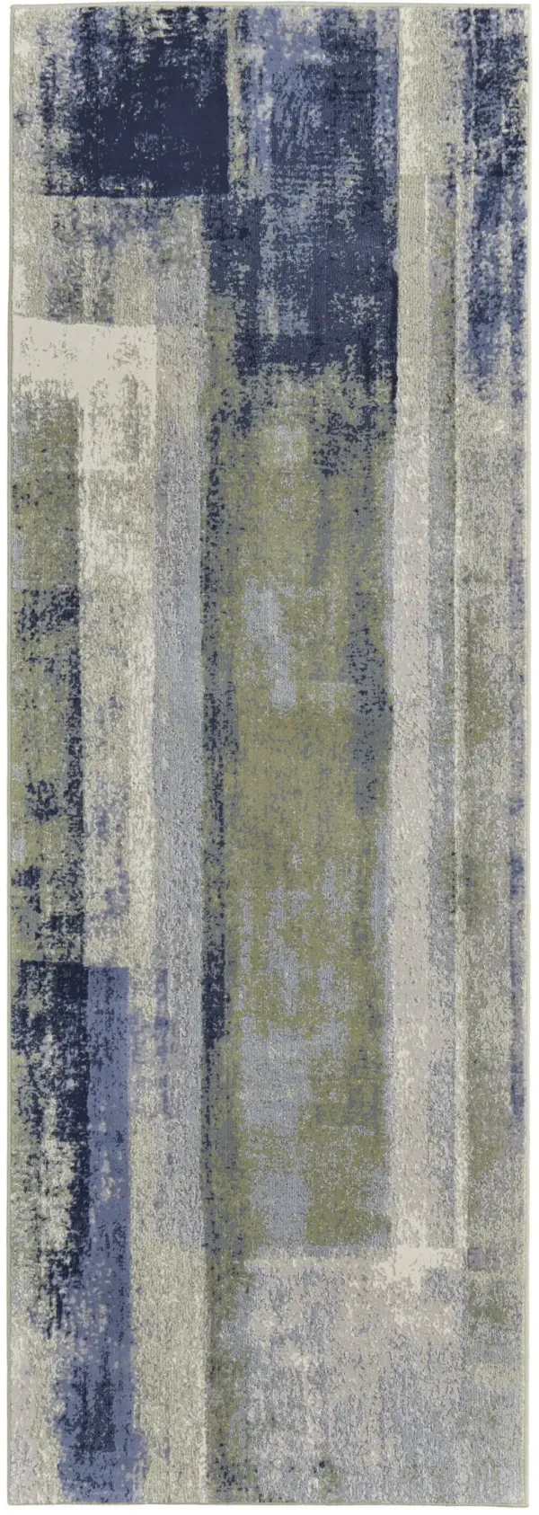 8' Abstract Power Loom Distressed Runner Rug - Blue Green And Ivory