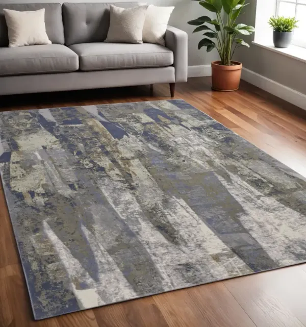 5' x 8' Abstract Power Loom Distressed Area Rug - Blue Gray And Tan