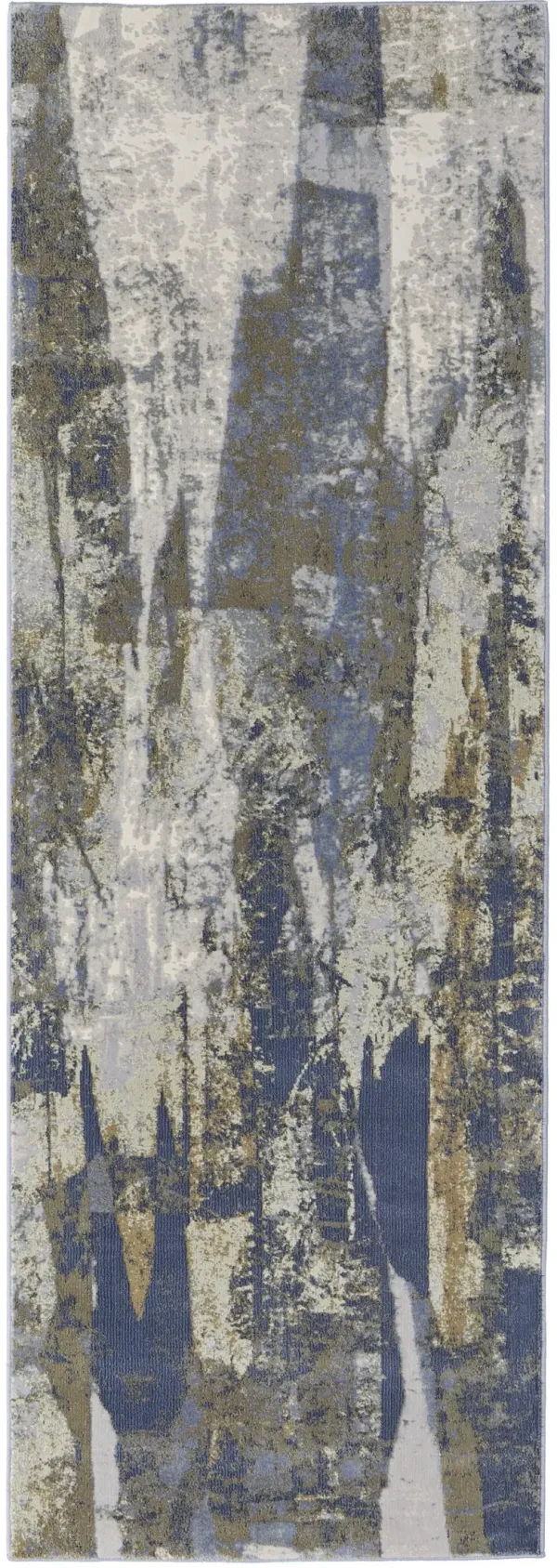 8' Abstract Power Loom Distressed Runner Rug - Blue Gray And Tan