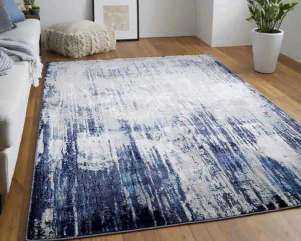 7' x 10' Abstract Power Loom Distressed Area Rug - Tan Blue And Ivory