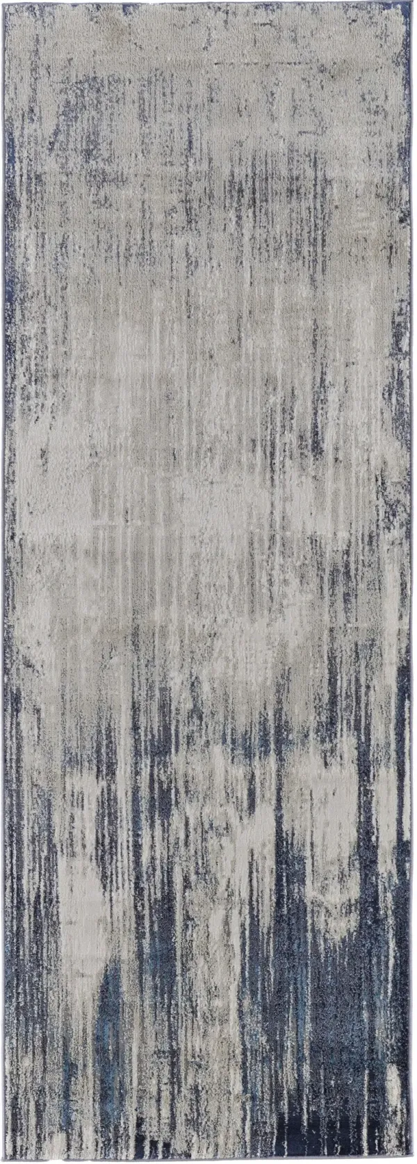 8' Abstract Power Loom Distressed Runner Rug - Tan Blue And Ivory