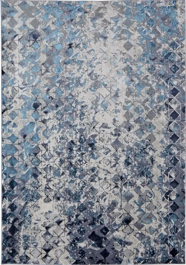 5' x 8' Geometric Power Loom Distressed Area Rug - Blue Ivory And Gray