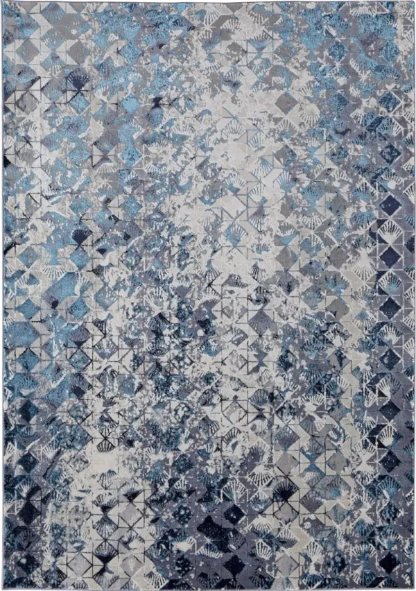 9' x 12' Geometric Power Loom Distressed Area Rug - Blue Ivory And Gray