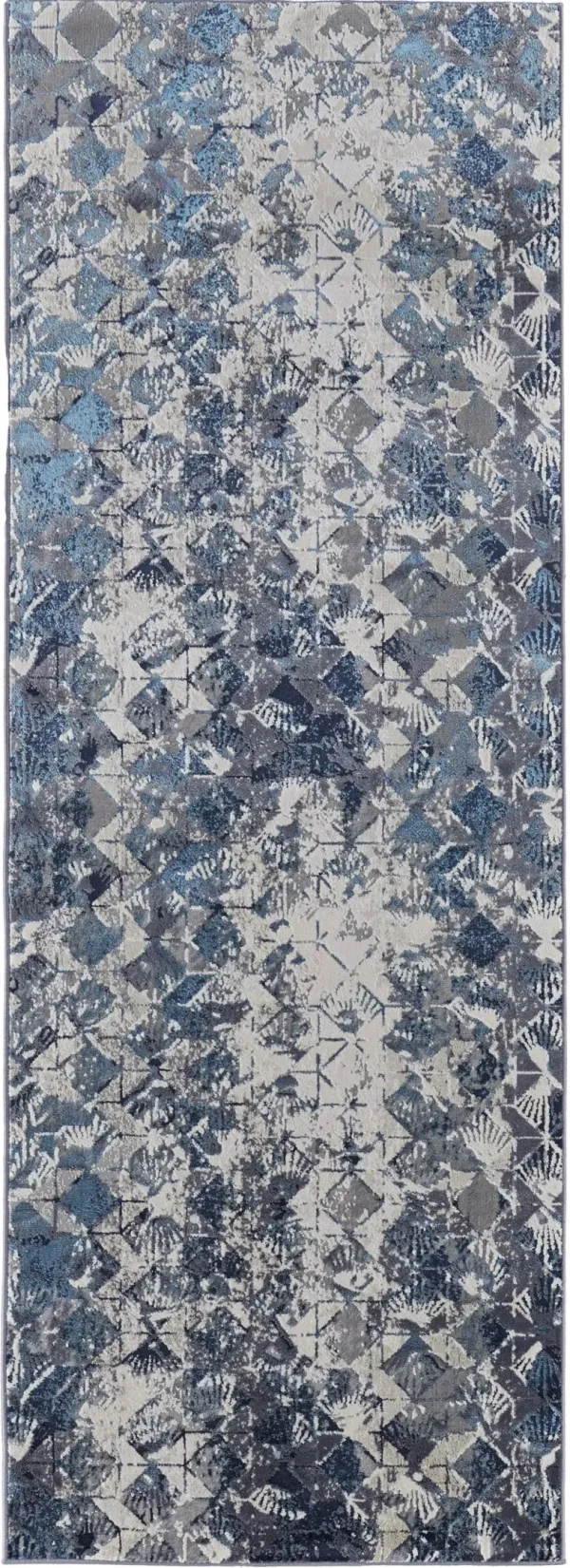 8' Geometric Power Loom Distressed Runner Rug - Blue Ivory And Gray