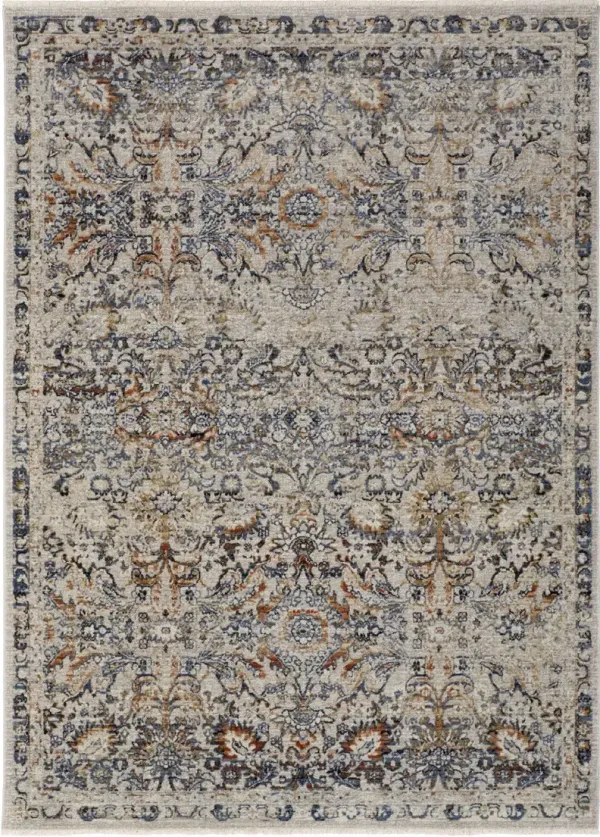 12' x 15' Floral Power Loom Distressed Area Rug With Fringe - Tan Blue And Orange