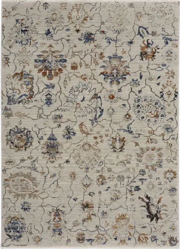 9.7' x 12.7' Floral Power Loom Distressed Area Rug With Fringe - Ivory Orange And Blue