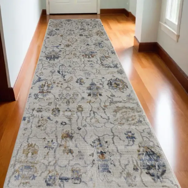 10' x 3' Floral Power Loom Distressed Runner Rug With Fringe - Ivory Orange And Blue