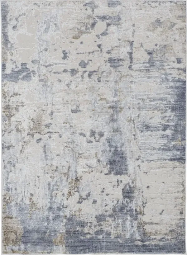4' x 6' Abstract Power Loom Distressed Area Rug - Ivory Gray And Blue