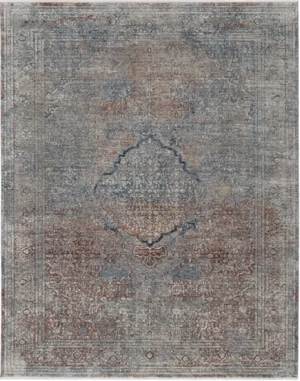 8' x 10' Floral Power Loom Stain Resistant Area Rug - Blue Red And Gray