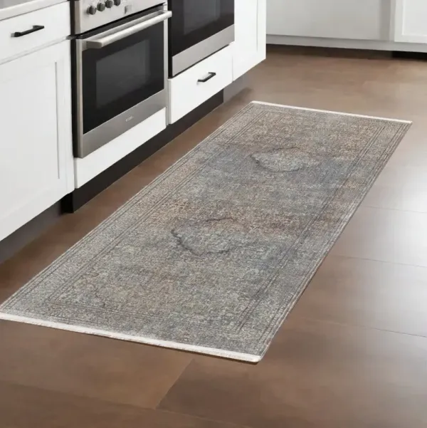 8' Floral Power Loom Stain Resistant Runner Rug - Blue Red And Gray