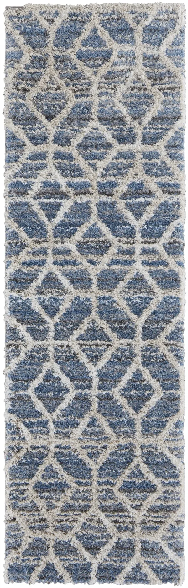 8' Geometric Power Loom Stain Resistant Runner Rug - Blue And Ivory