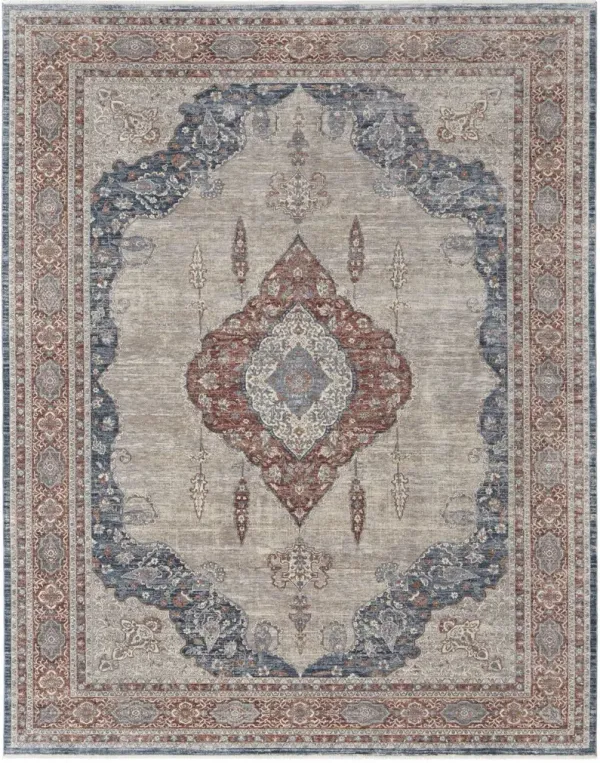 4' x 6' Floral Power Loom Stain Resistant Area Rug - Gray Red And Blue