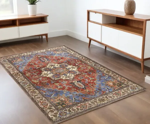 4' x 6' Floral Area Rug - Blue Red And Ivory