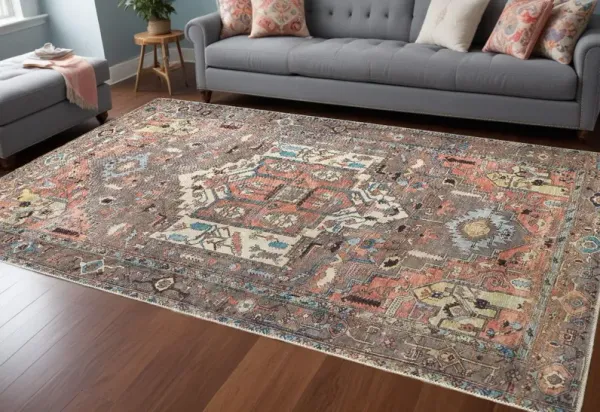 8' x 10' Floral Area Rug - Taupe Red And Brown