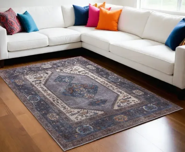8' x 10' Floral Area Rug - Blue Brown And Ivory